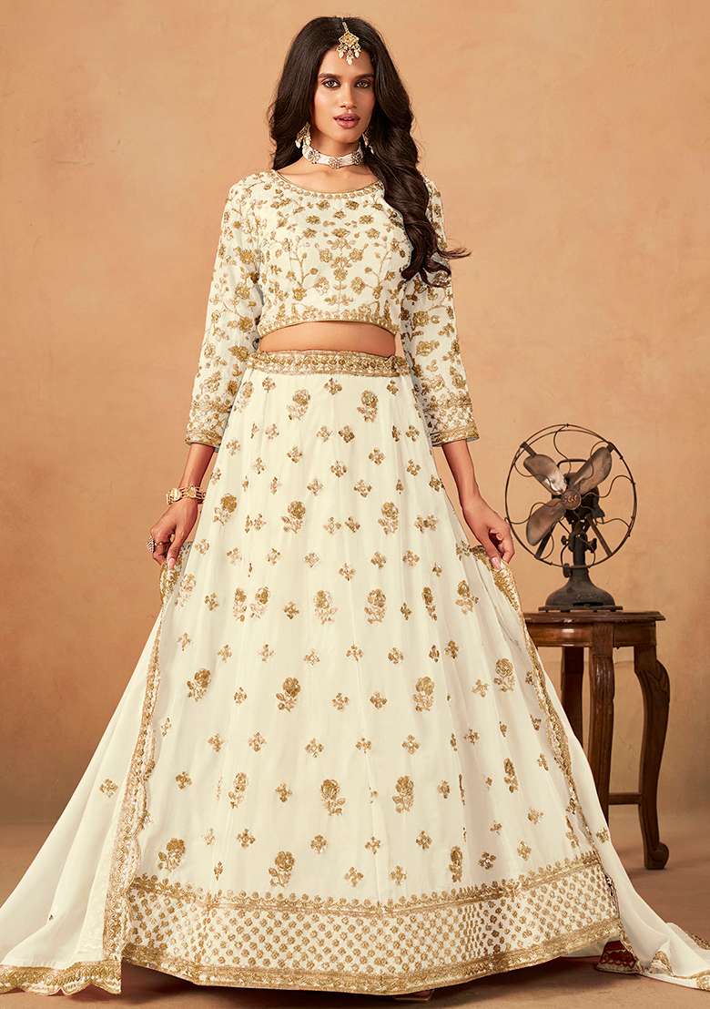 White Embroidered Pure Organza Lehenga Set for Diwali and Festive Wear - Indya