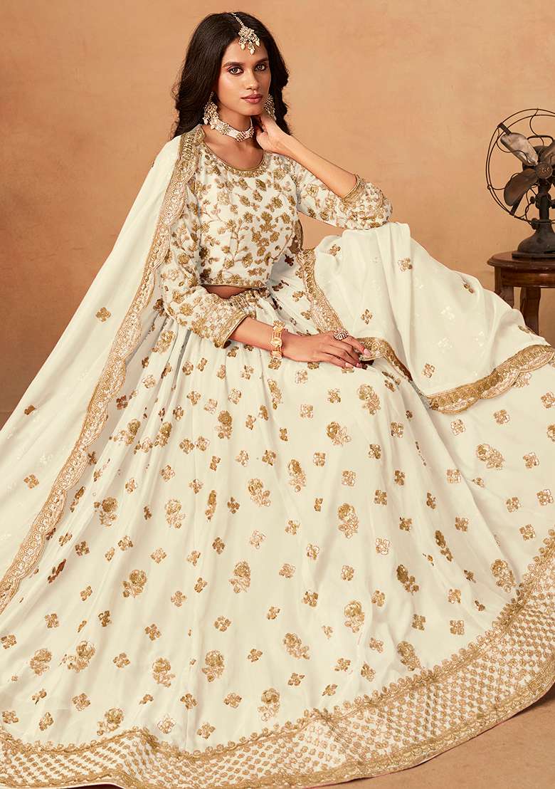 White Embroidered Pure Organza Lehenga Set for Diwali and Festive Wear - Indya