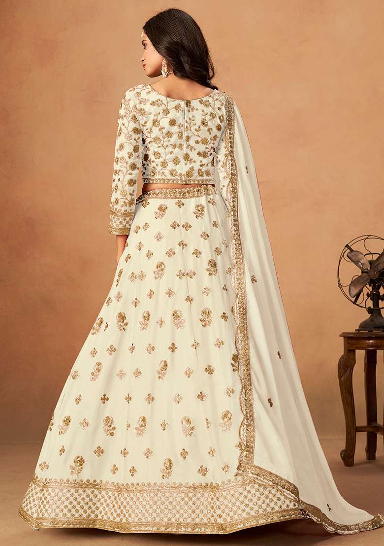 White Embroidered Pure Organza Lehenga Set for Diwali and Festive Wear - Indya