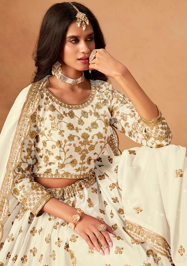 White Embroidered Pure Organza Lehenga Set for Diwali and Festive Wear - Indya