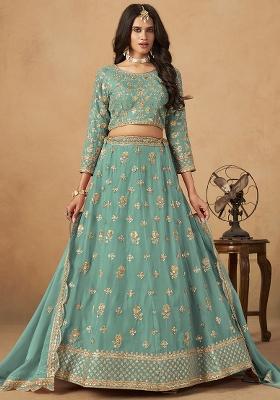 Light Blue Embroidered Pure Organza Lehenga Set