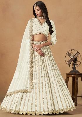 White Embroidered Silk Lehenga Set