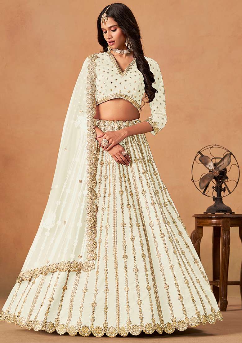 White Embroidered Silk Blend Lehenga Set for Diwali and Festive Wear - Indya