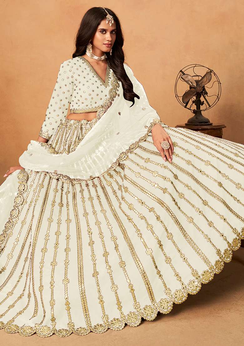 White Embroidered Silk Blend Lehenga Set for Diwali and Festive Wear - Indya