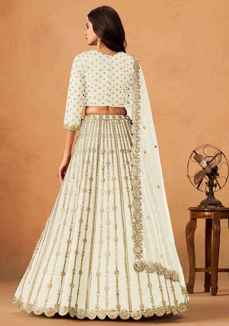 White Embroidered Silk Blend Lehenga Set for Diwali and Festive Wear - Indya