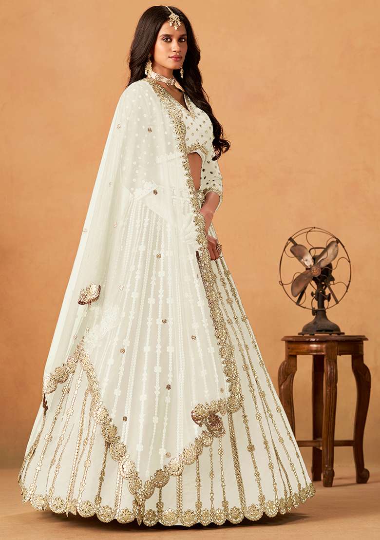 White Embroidered Silk Blend Lehenga Set for Diwali and Festive Wear - Indya