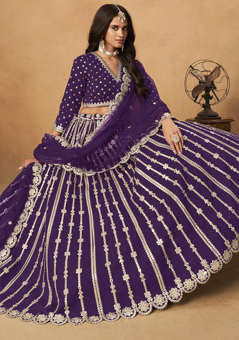 Purple Embroidered Silk Lehenga Set