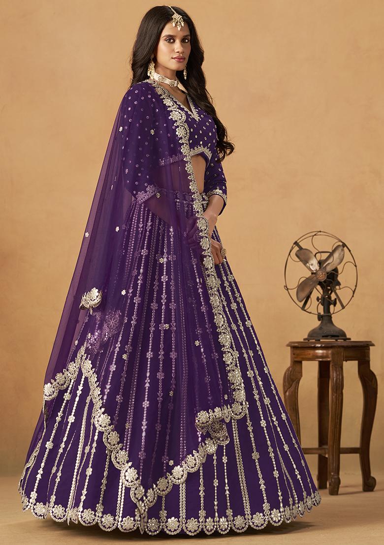 Purple Embroidered Silk Lehenga Set