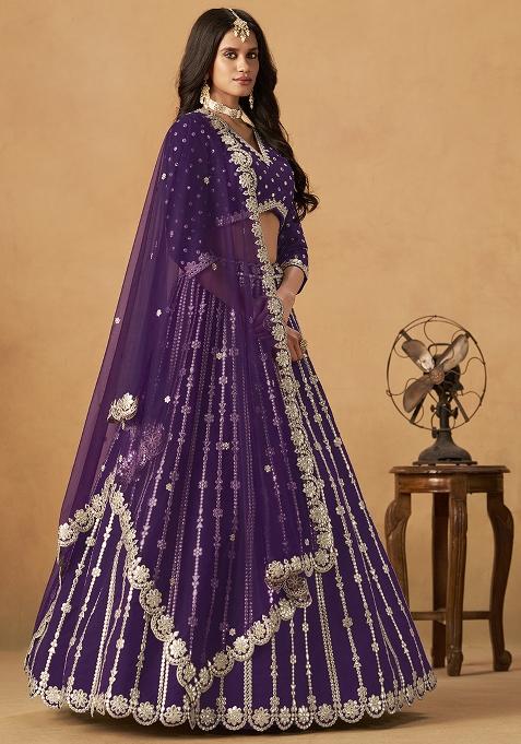 Purple Embroidered Silk Lehenga Set
