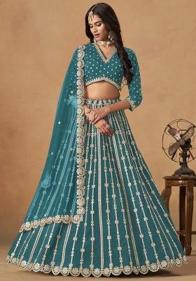 Teal Blue Embroidered Silk Lehenga Set
