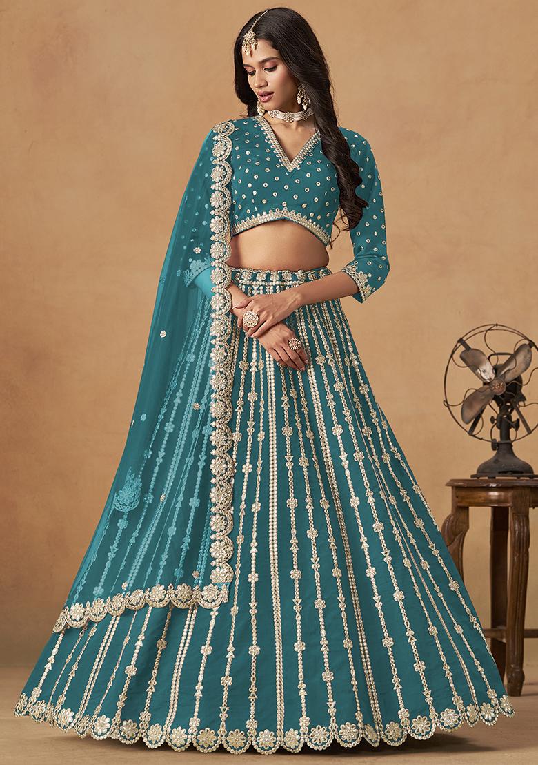 Teal Blue Embroidered Silk Lehenga Set