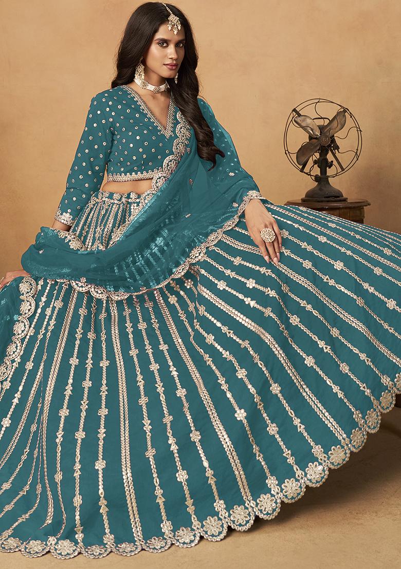 Teal Blue Embroidered Silk Lehenga Set