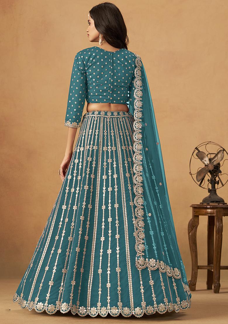Teal Blue Embroidered Silk Lehenga Set