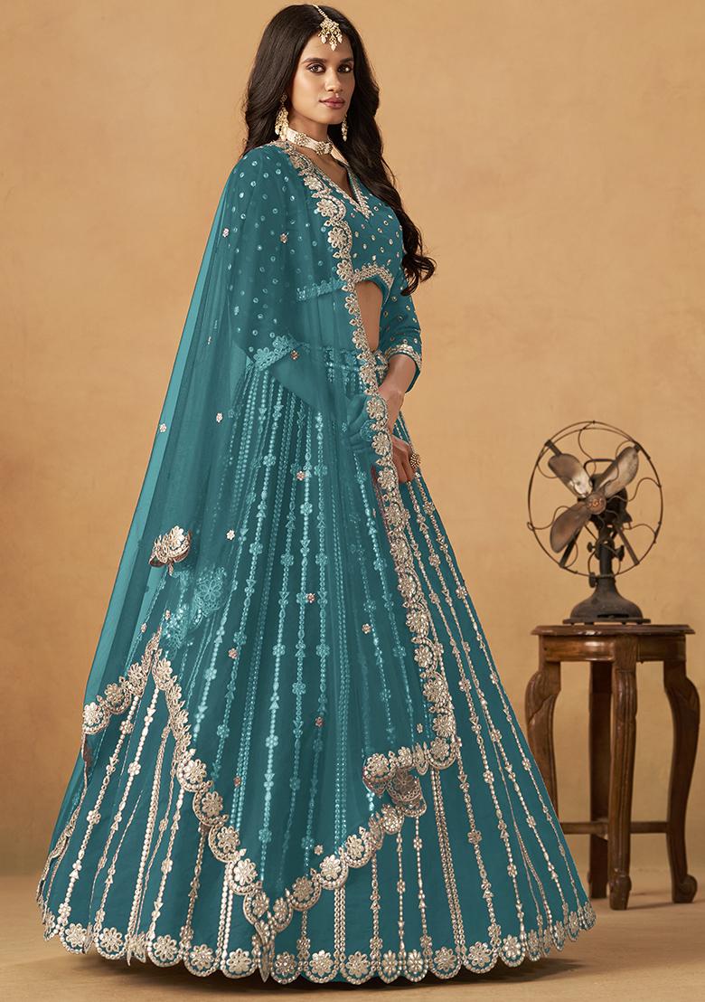 Teal Blue Embroidered Silk Lehenga Set