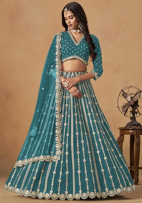 Teal Blue Embroidered Silk Lehenga Set