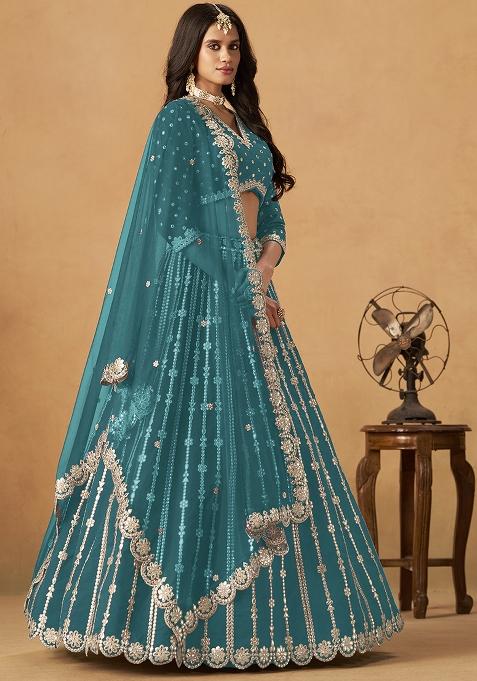 Teal Blue Embroidered Silk Lehenga Set