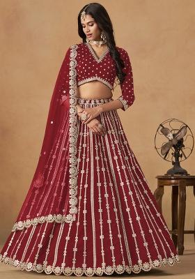 Red Embroidered Silk Lehenga Set