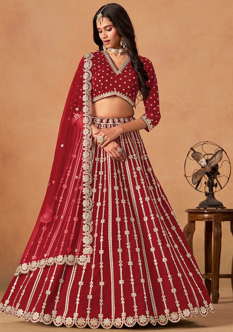 Red Embroidered Silk Blend Lehenga Set for Diwali and Festive Wear - Indya