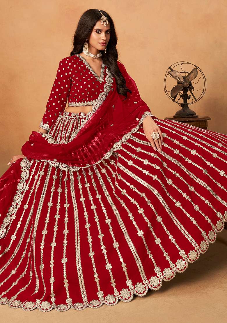 Red Embroidered Silk Blend Lehenga Set for Diwali and Festive Wear - Indya