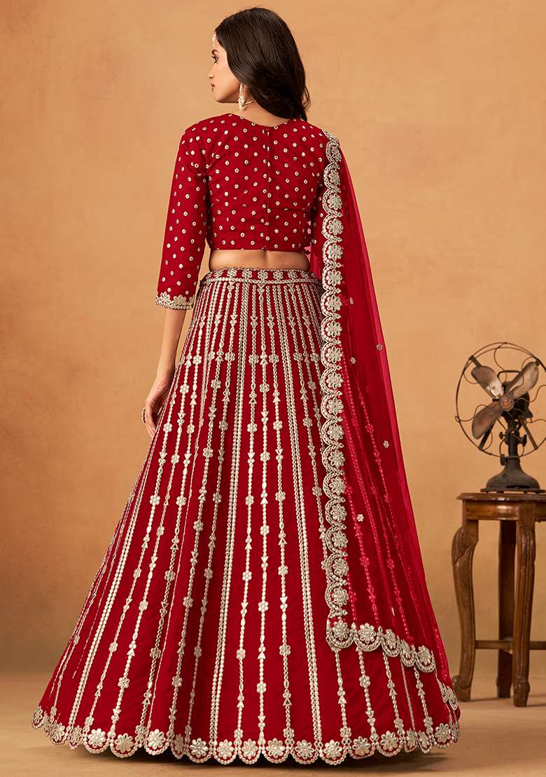 Red Embroidered Silk Blend Lehenga Set for Diwali and Festive Wear - Indya