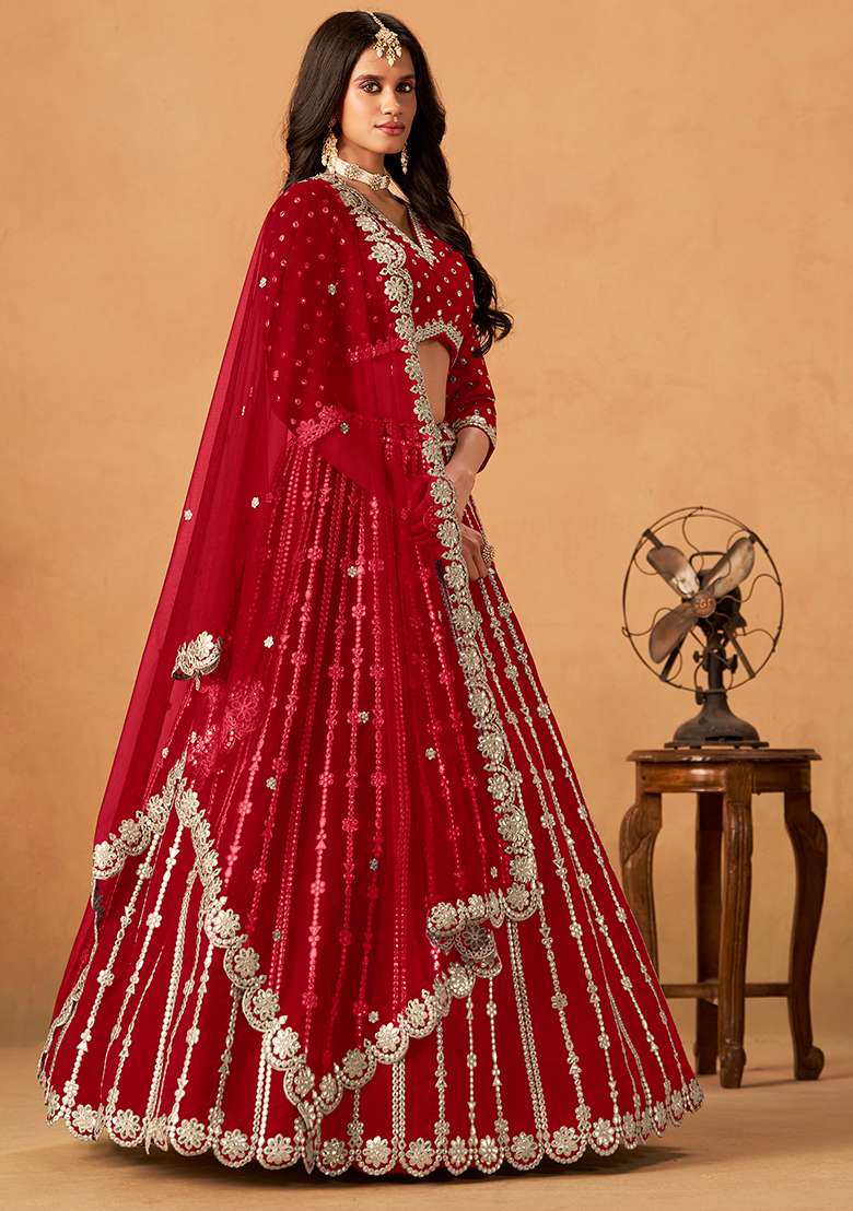 Red Embroidered Silk Blend Lehenga Set for Diwali and Festive Wear - Indya