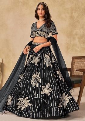 Black Embroidered Silk Lehenga Set