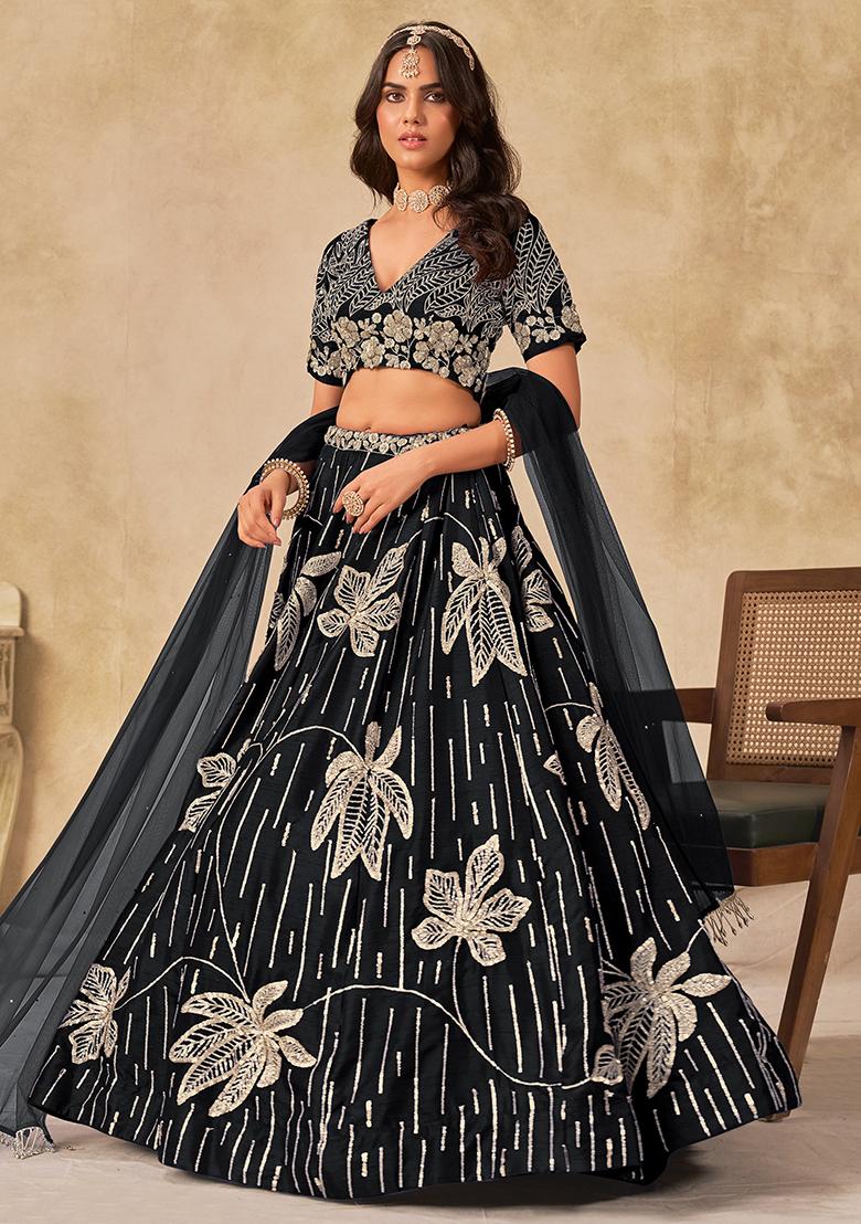 Black Embroidered Silk Lehenga Set