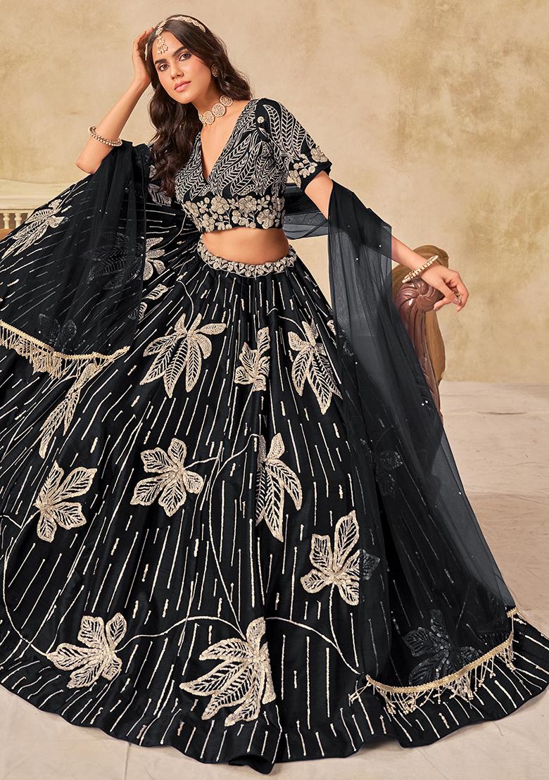 Black Embroidered Silk Lehenga Set
