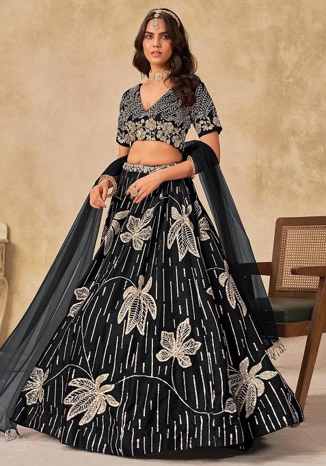 Black Embroidered Silk Lehenga Set