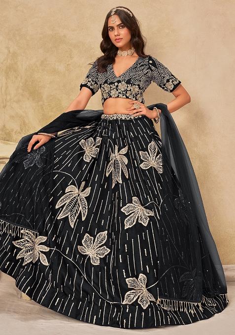 Black Embroidered Silk Lehenga Set