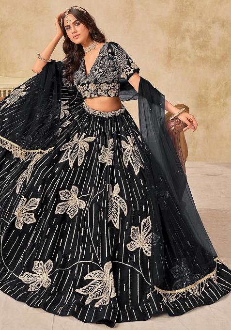 Black Embroidered Silk Lehenga Set