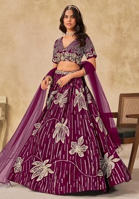 Wine Embroidered Silk Lehenga Set