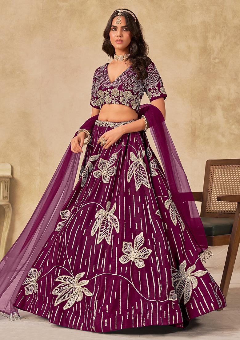 Wine Embroidered Silk Lehenga Set