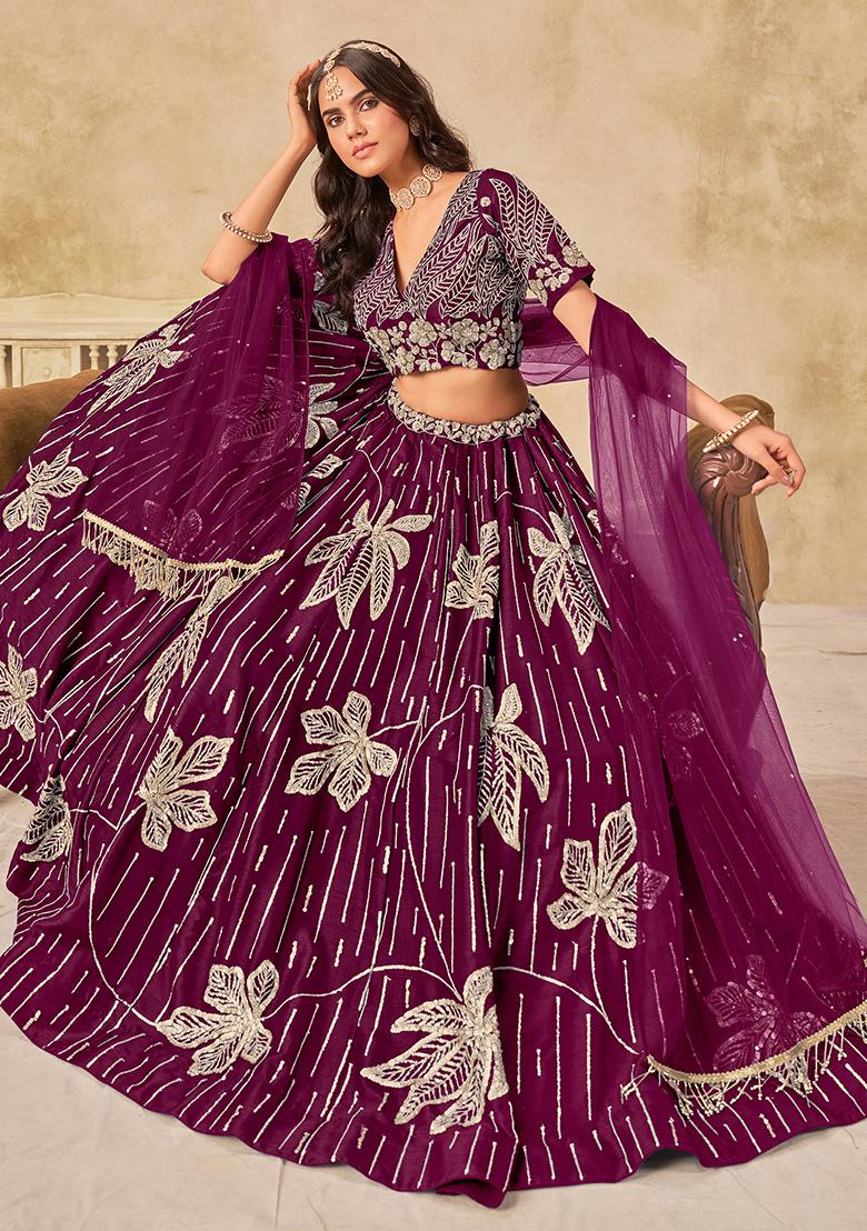 Wine Embroidered Silk Lehenga Set