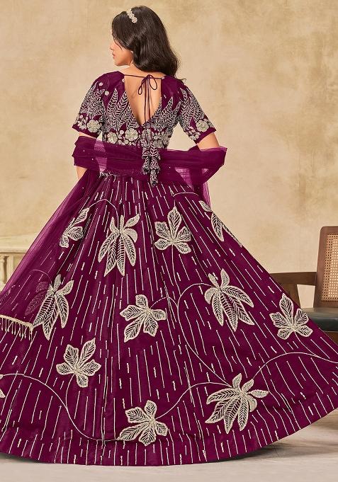 Wine Embroidered Silk Lehenga Set