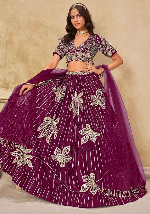 Wine Embroidered Silk Lehenga Set