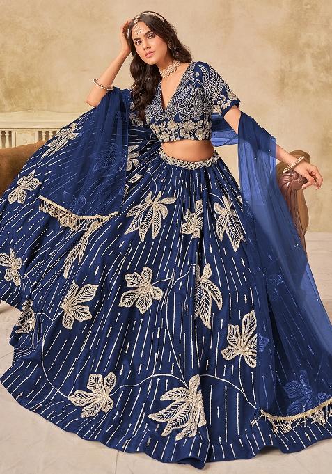 Navyblue Embroidered Silk Lehenga Set