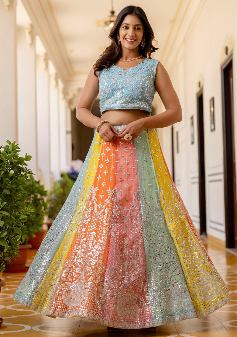 Multicolor Embroidered Faux Georgette Lehenga Set