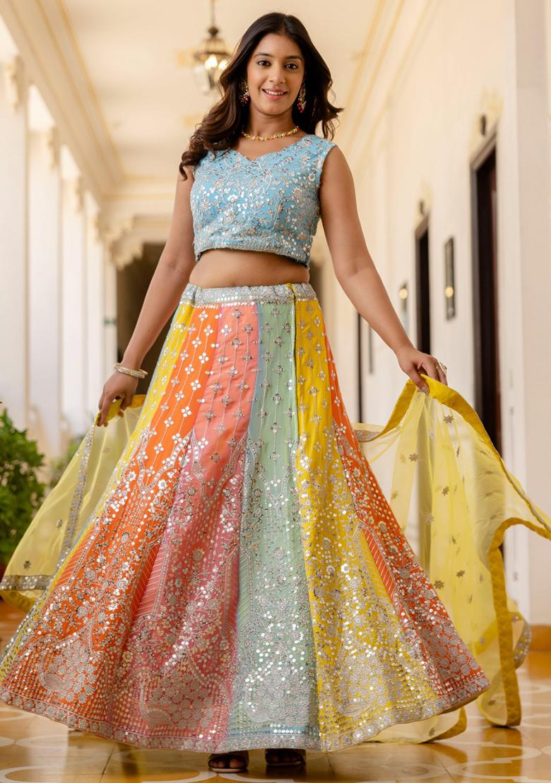 Multicolor Embroidered Faux Georgette Lehenga Set