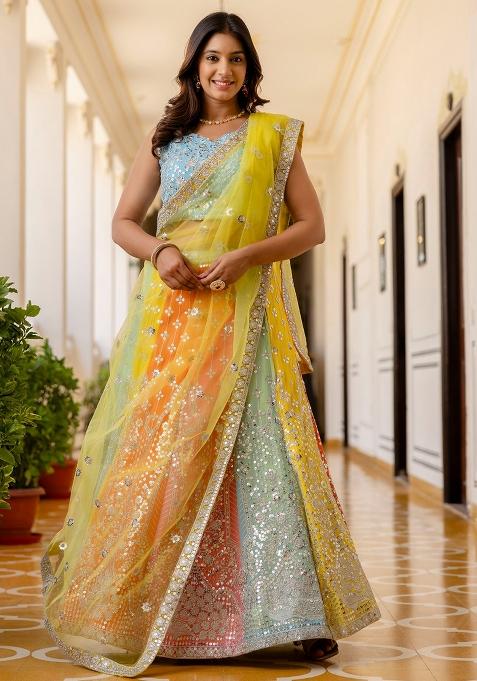 Multicolor Embroidered Faux Georgette Lehenga Set