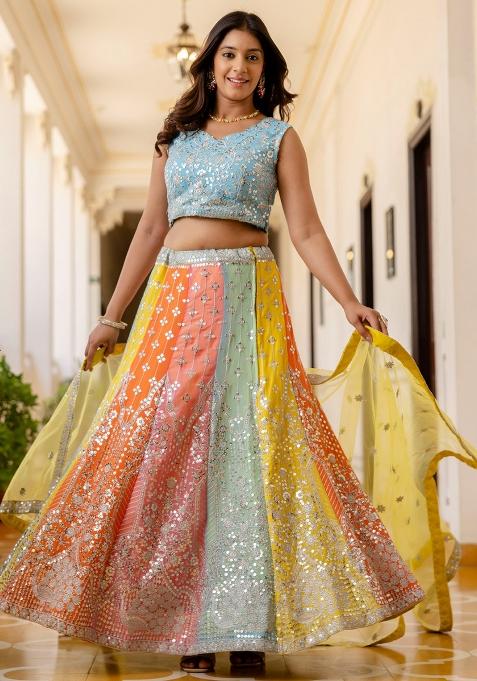 Multicolor Embroidered Faux Georgette Lehenga Set