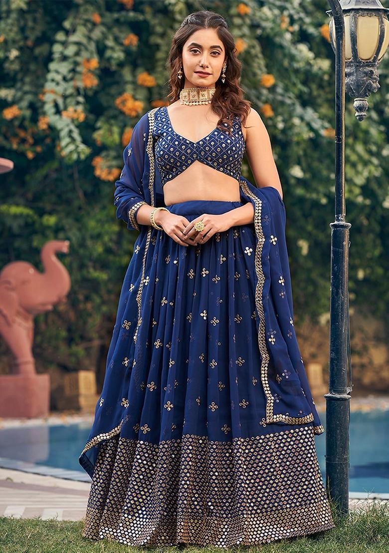 Royal Blue Embroidered Georgette Lehenga Set