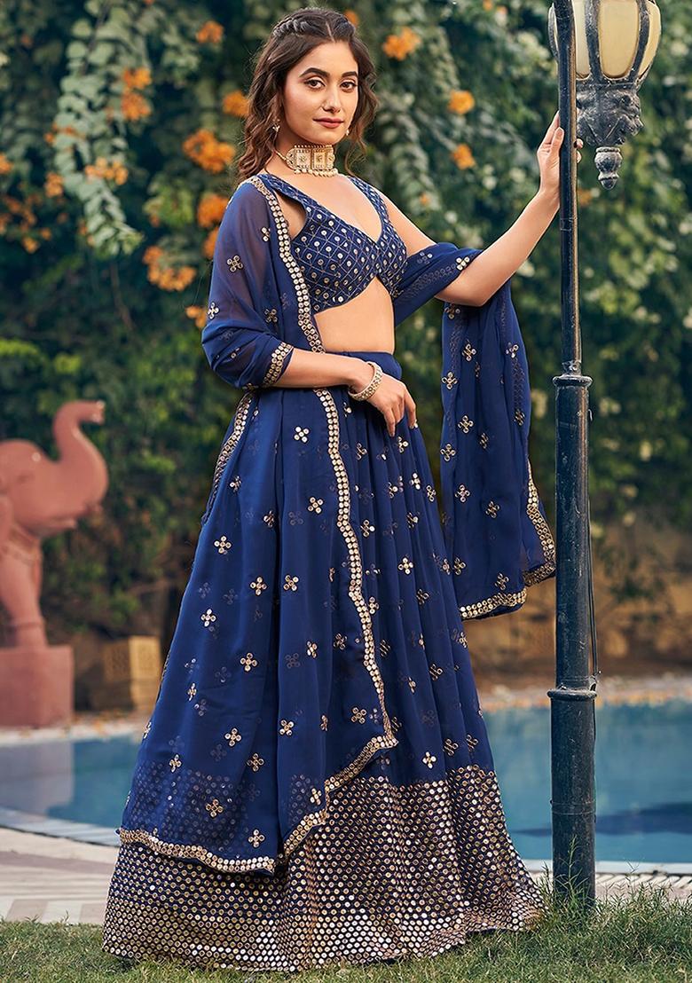 Royal Blue Embroidered Georgette Lehenga Set