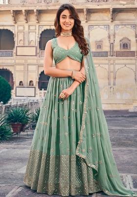 Teal Blue Embroidered Georgette Lehenga Set