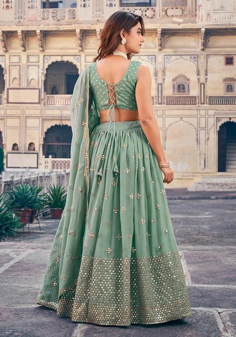 Teal Blue Embroidered Georgette Lehenga Set