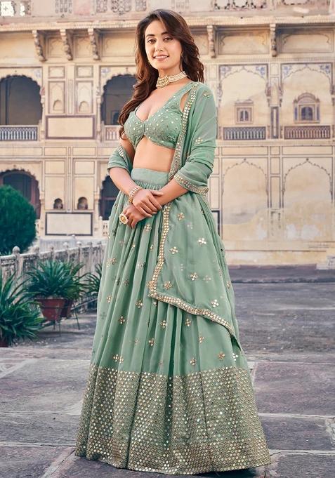 Teal Blue Embroidered Georgette Lehenga Set