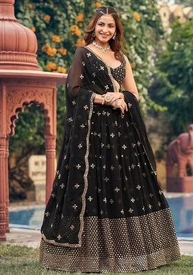 Black Embroidered Georgette Lehenga Set