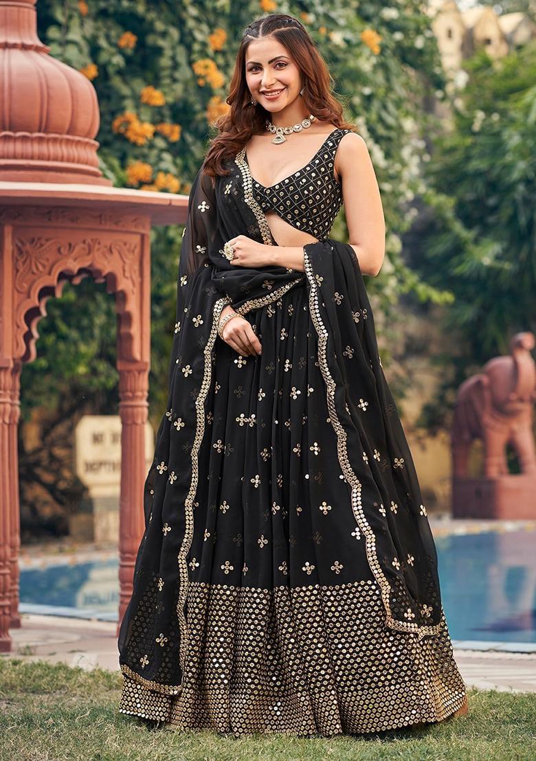 Black Embroidered Georgette Lehenga Set