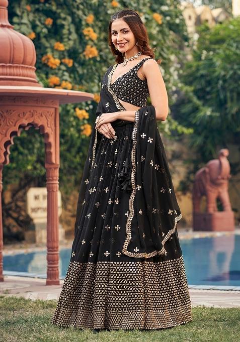 Black Embroidered Georgette Lehenga Set