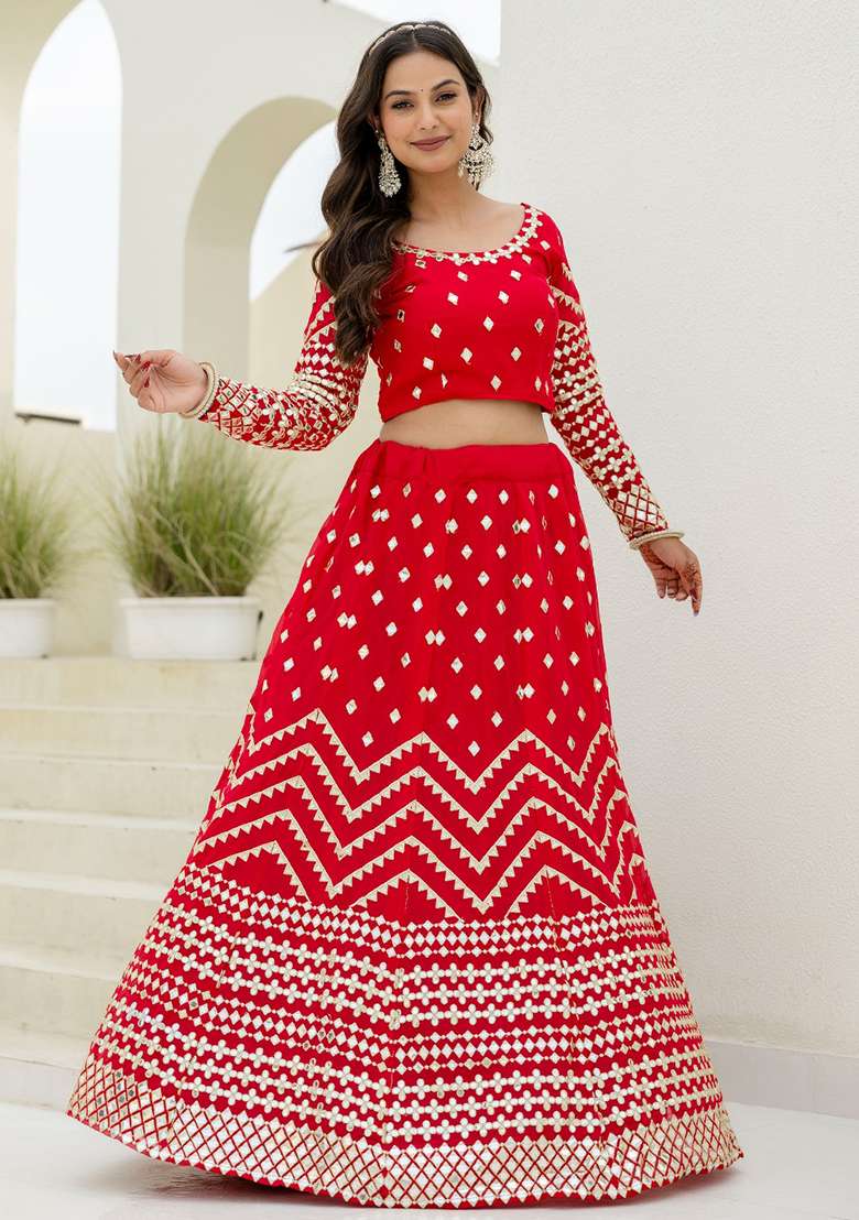 Red Georgette Lehenga Set with Embroidered for Diwali | Wedding & Festive Wear - Indya